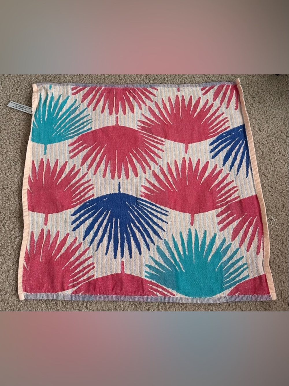 Anthropologie Tropical Palm Print Kitchen Towel in Pink, Teal, Blue on Cream